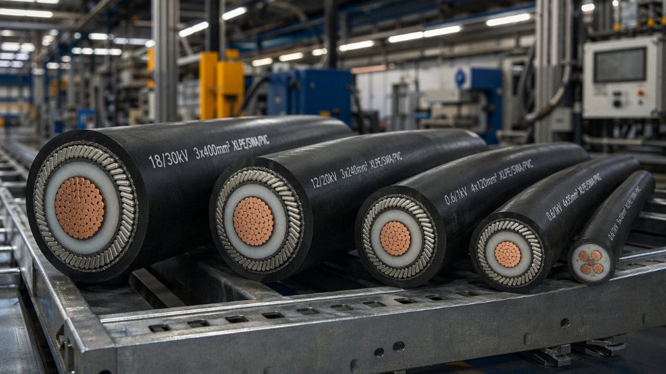 Cross-section view of industrial multi-core armoured cables on a manufacturing floor