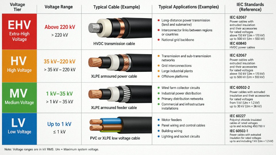 Engineering diagram showing four voltage classification tiers LV MV HV and EHV with voltage ranges and typical applications