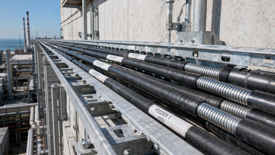 Armored cables running exposed on an outdoor cable tray mounted on an industrial exterior wall