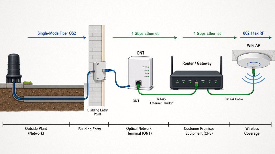 Diagram showing the FTTP signal path from street fiber through ONT to Ethernet router and WiFi access point