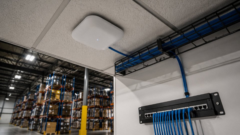 Enterprise WiFi access point mounted on a ceiling above structured Ethernet cabling in an industrial facility