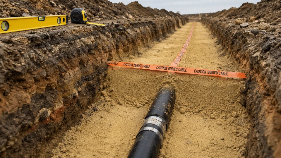 Open trench showing correctly bedded SWA armoured cable with sand surround and warning tape at correct burial depth on a construction site