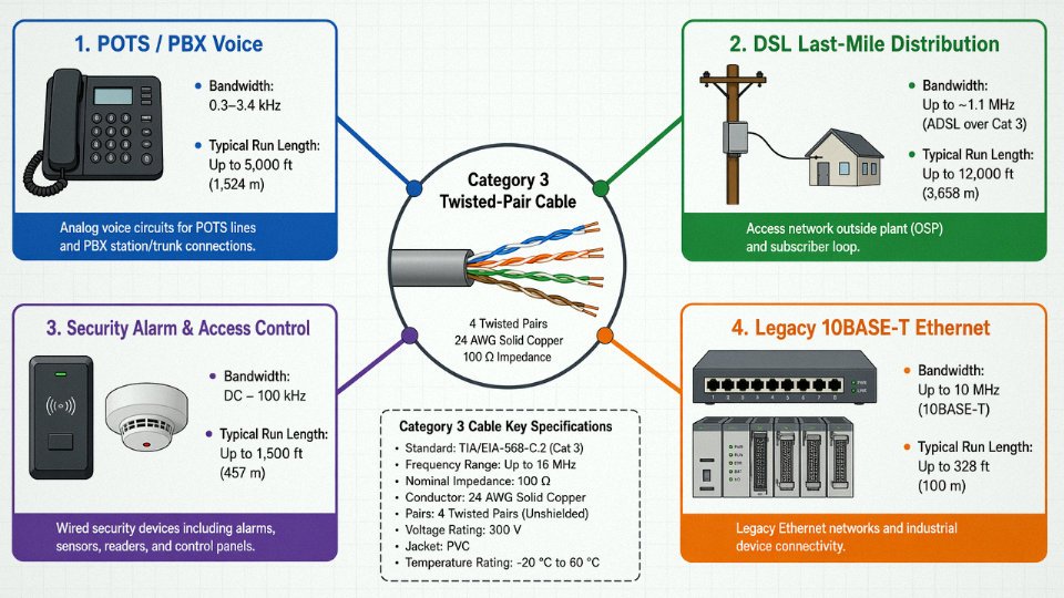 Flat vector diagram showing Category 3 cable application segments including POTS telephony, DSL distribution, security alarm wiring, and 10BASE-T Ethernet