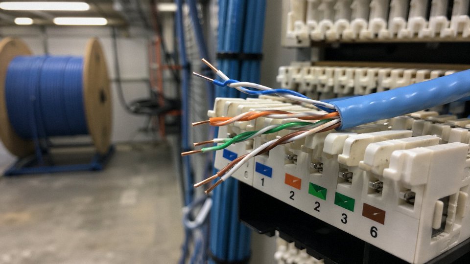 Cross-section of Category 3 twisted-pair cable alongside a punch-down block in a telecom closet