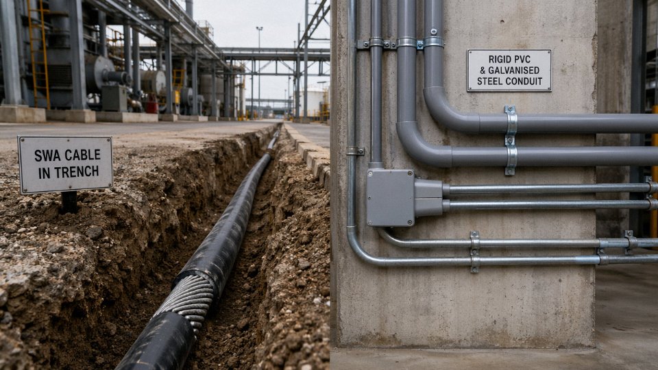 Side-by-side comparison of steel wire armoured cable and rigid conduit runs in an industrial setting