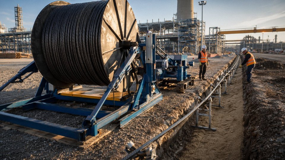 Heavy steel wire armoured cable drum on a cable-laying machine being deployed along an industrial site trench