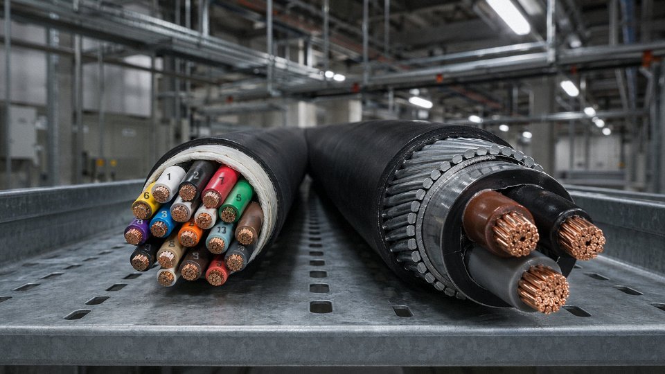 Side-by-side comparison of a multi-core control cable and a steel wire armored power cable on an industrial cable tray