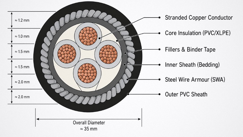 Engineering cross-section diagram of a steel wire armored cable showing all construction layers from conductor to outer sheath with English labels