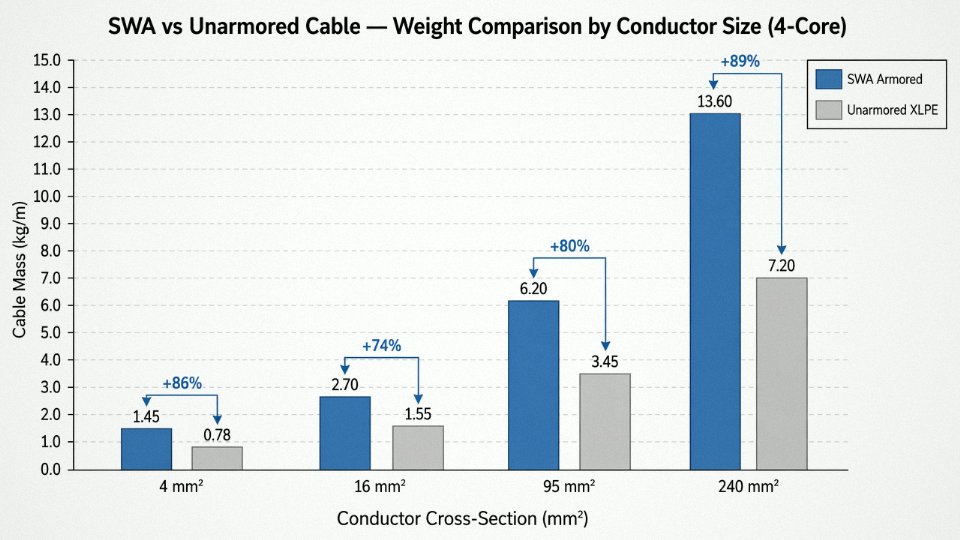 Bar chart comparing weight per meter of SWA armored versus unarmored XLPE cable across four conductor cross-sections