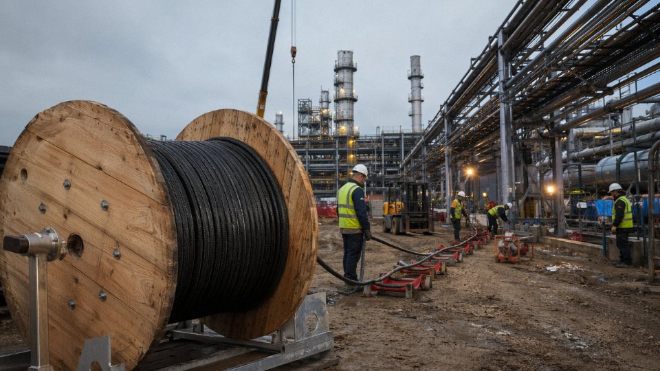 Large drums of steel wire armoured cable on an industrial construction site with workers handling heavy cable runs
