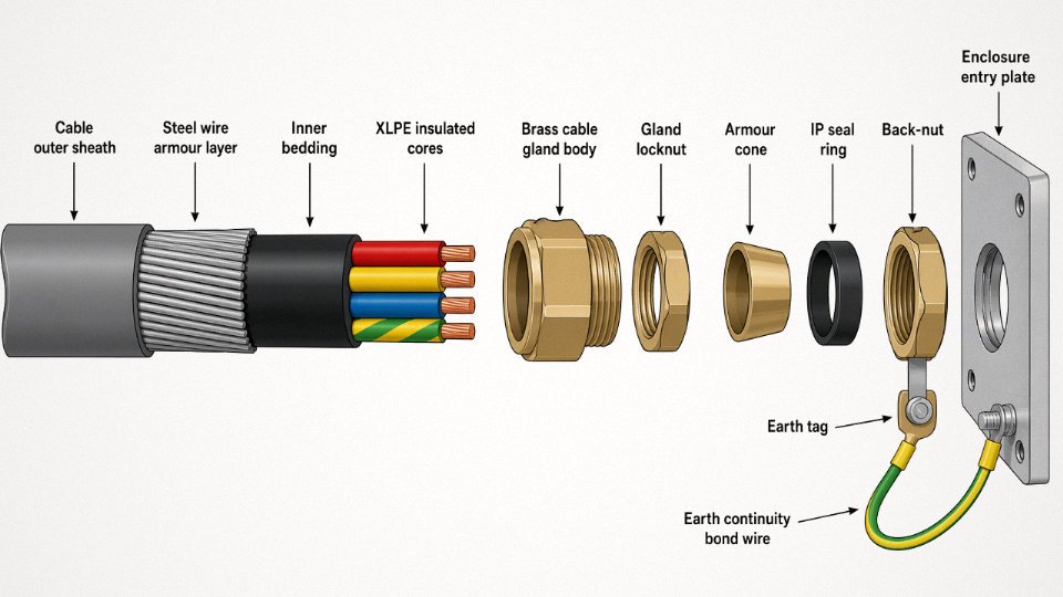 Exploded cross-section diagram of SWA cable termination showing gland components, armour wires, bedding, and earth connection