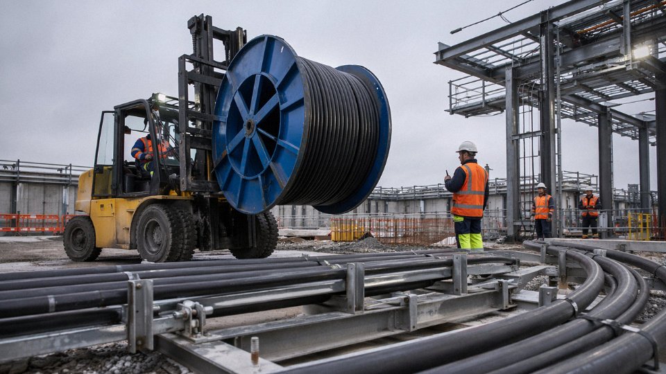Heavy steel wire armored cable drum being unloaded on an industrial construction site
