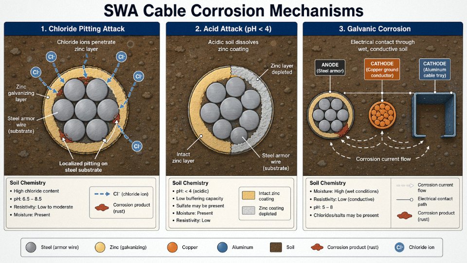 Engineering diagram showing three corrosion mechanisms attacking steel wire armored cable buried in aggressive soil