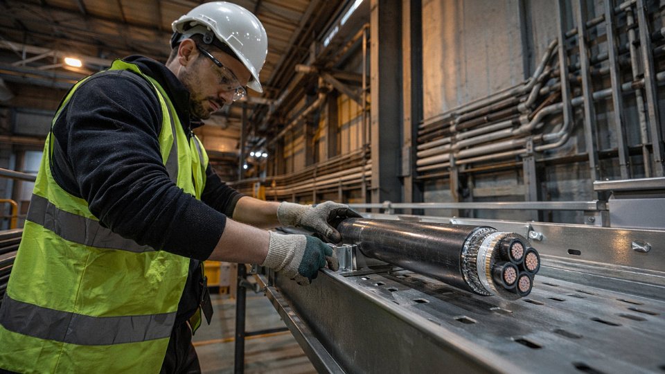 Industrial electrician routing armored SWA cable through a heavy industrial facility without conduit