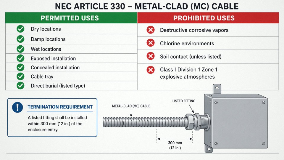 Flat vector diagram summarizing NEC Article 330 permitted and prohibited uses for MC armored cable