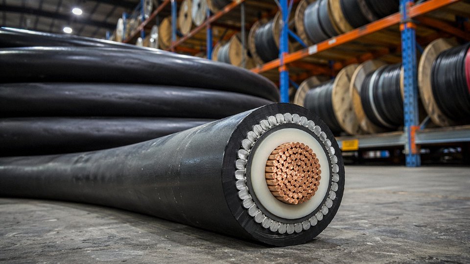 Large coiled industrial power cable in a warehouse with visible copper conductor cross-section