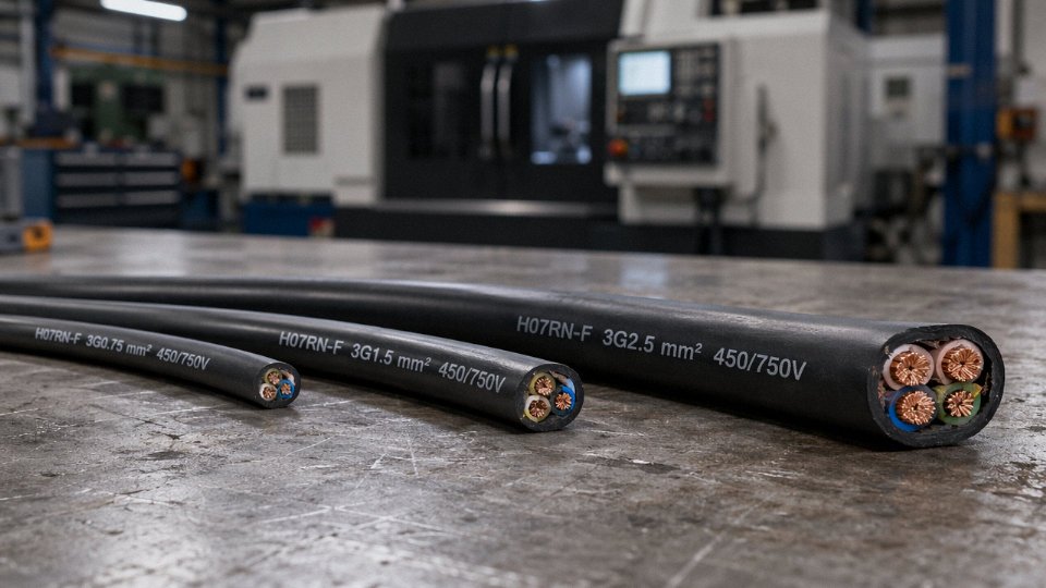 Selection of industrial power cords with different conductor cross-sections laid out on a factory workbench
