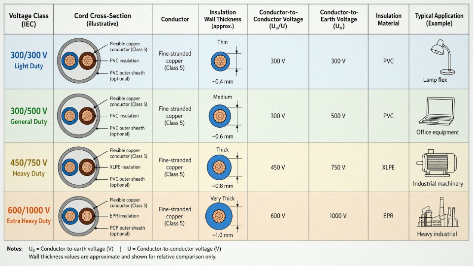 Engineering diagram comparing IEC flexible cord voltage classes from 300/300 V through 600/1000 V with insulation thickness and typical application context
