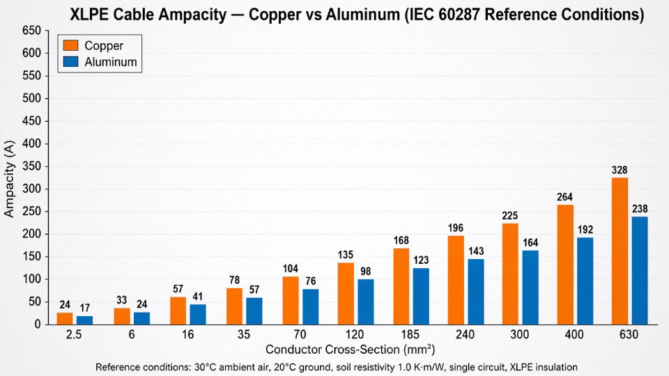 Bar chart comparing copper and aluminum conductor ampacity ratings across standard cross-sections from 2.5 mm² to 630 mm² per IEC 60287