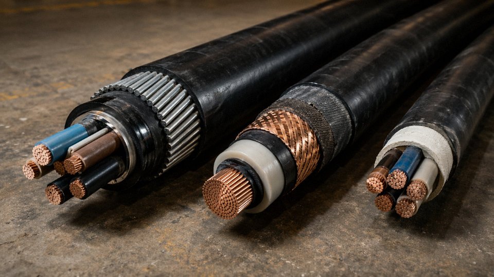 Assorted industrial power cables showing different constructions including armored, XLPE, and flexible types arranged on a factory floor