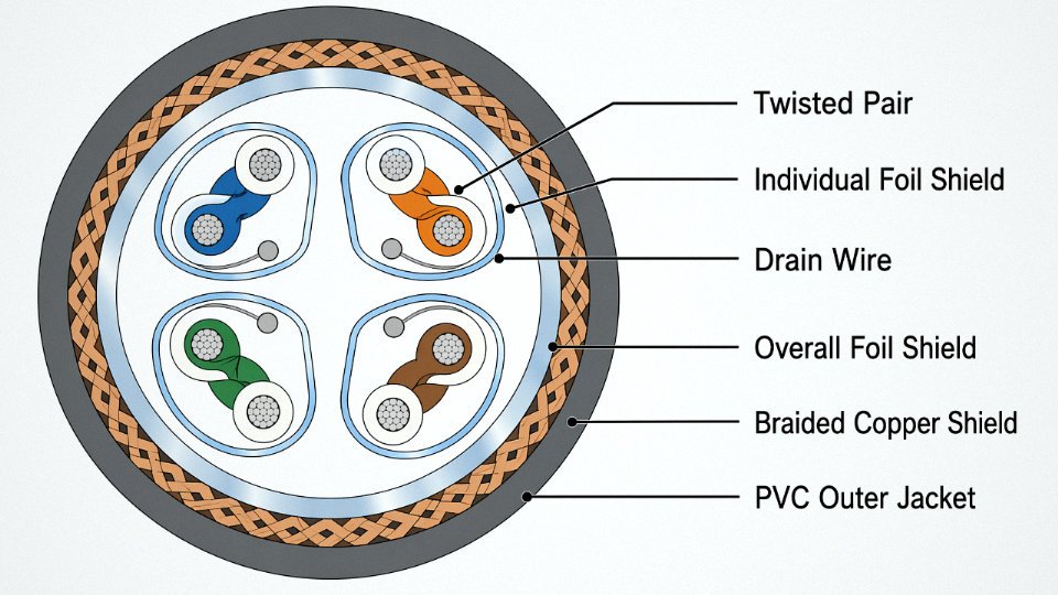 Engineering cross-section diagram of a multi-core control cable showing individual pair shields, overall foil shield, braided copper shield, drain wires, and outer jacket layers labeled in English