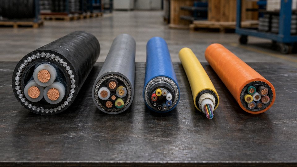 Five types of industrial cable arranged side by side showing power, control, instrumentation, communication, and flexible cable variants
