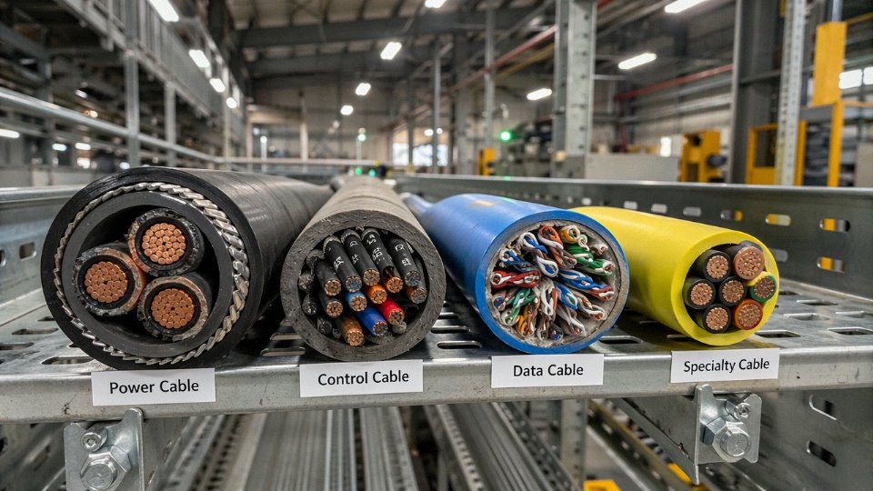 Four main types of industrial cable laid side by side on a cable tray in an industrial facility