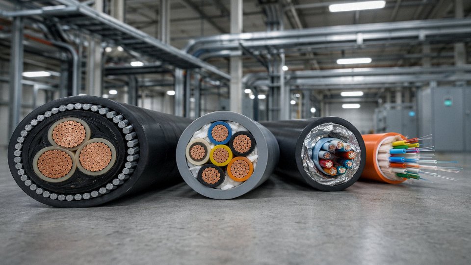 Four types of industrial cables — power, control, instrumentation, and fiber optic — displayed side by side on a factory floor