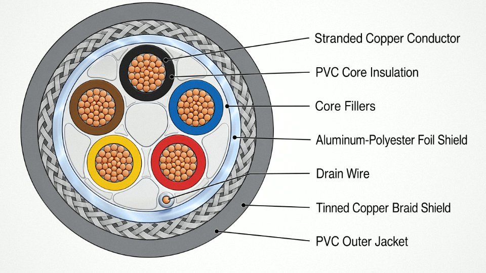 Engineering cross-section diagram of a shielded multi-core control cable showing conductor, insulation, foil shield, braid shield, and outer jacket layers with English labels