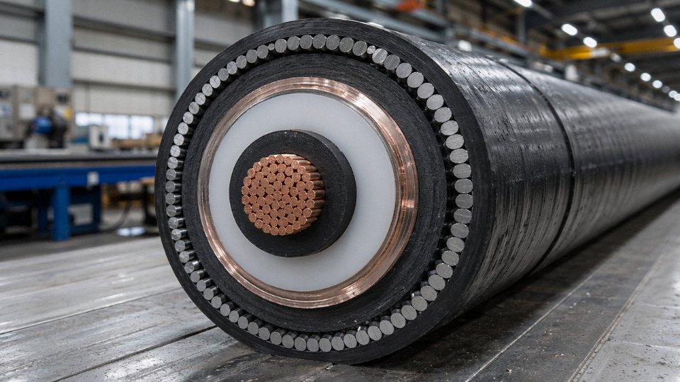 Cross-section of a medium-voltage armored cable showing conductor, insulation, screen, and jacket layers in an industrial environment