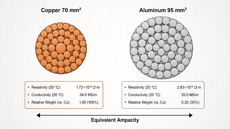 Engineering diagram comparing copper and aluminum conductor cross-sections, showing that aluminum requires larger area to match copper ampacity