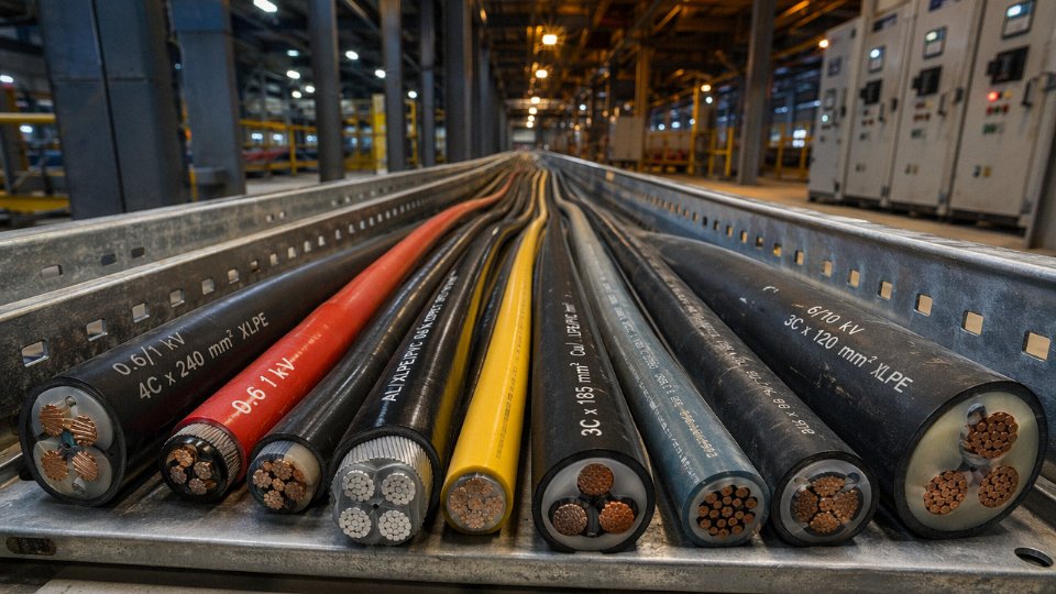 Industrial power cables of various sizes and voltage ratings laid out in a cable tray inside a large manufacturing facility