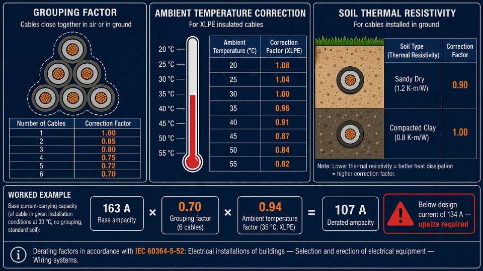 Engineering diagram showing multiplicative derating factors applied to cable ampacity for grouping, ambient temperature, and soil thermal resistivity