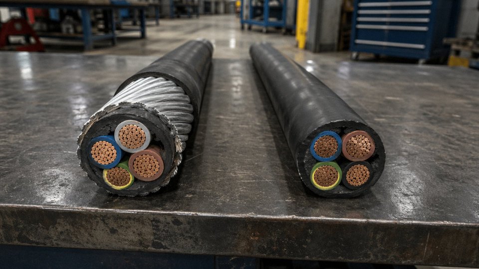Cross-section comparison of armoured SWA cable and unarmoured cable side by side on a workshop bench