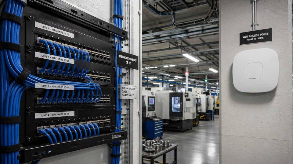 Industrial network rack with bundled Ethernet cables alongside a visible wireless access point mounted on a factory wall
