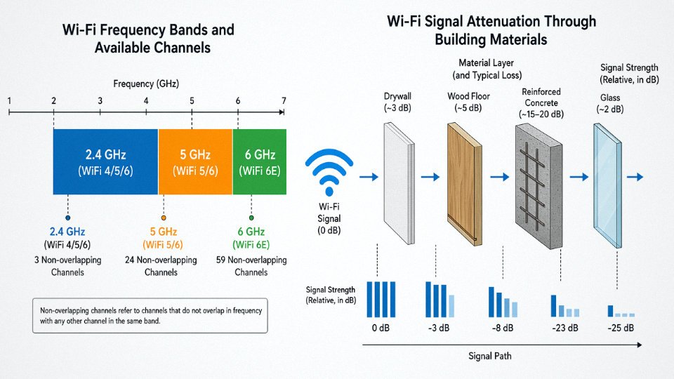 Flat vector diagram comparing WiFi frequency bands and signal attenuation through common building materials