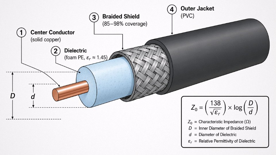 Engineering cross-section diagram of a coaxial cable showing center conductor, dielectric, braided shield, and outer jacket with dimension callouts