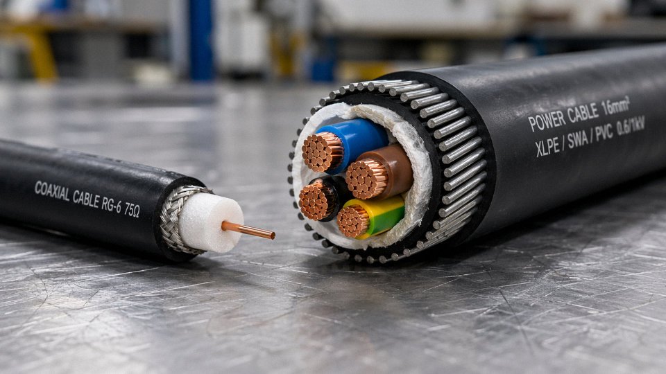 Side-by-side comparison of a coaxial cable and a general-purpose power cable with cross-sections exposed on a metal workbench