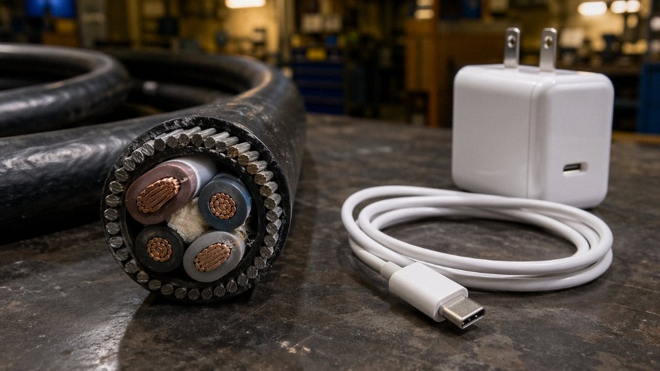 Industrial power cable and USB charging cable placed side by side on a workshop bench, illustrating the difference between passive power conductors and active charging systems