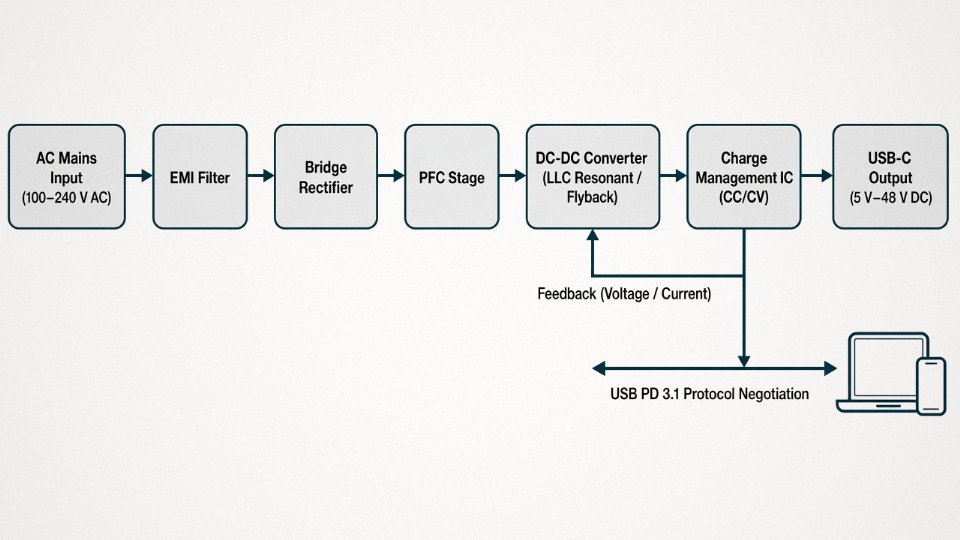 Engineering block diagram showing the internal functional stages of a USB PD charger, from AC mains input through rectification, PFC, DC-DC conversion, charge management IC, and USB PD negotiation to DC output
