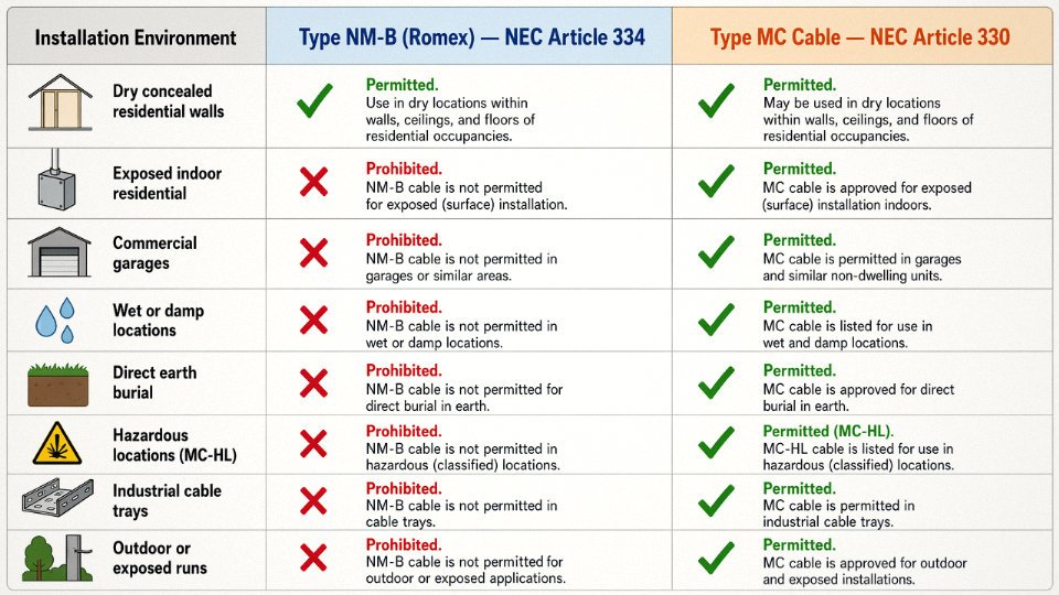 Comparison table diagram showing NEC permitted and prohibited installation locations for NM-B versus Type MC cable