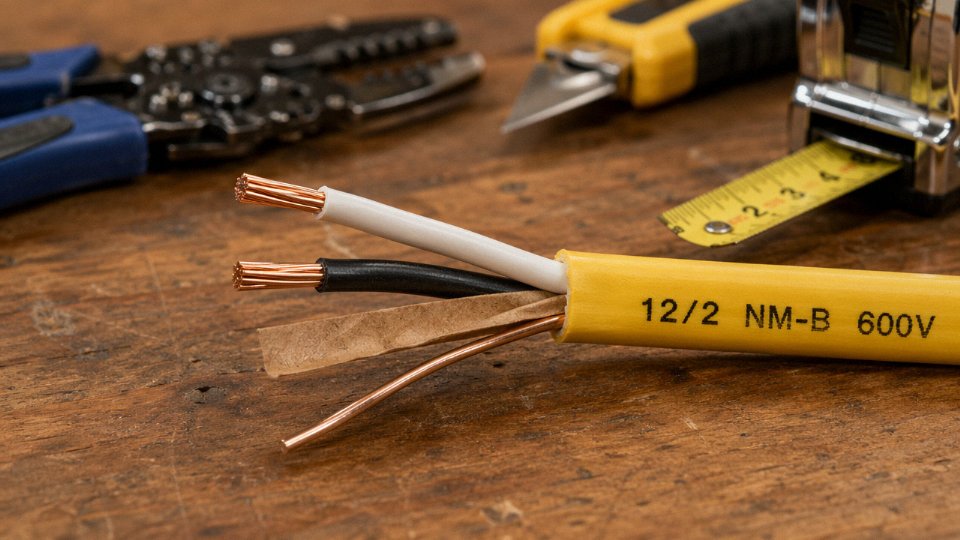 Cross-section of Romex NM-B cable showing outer PVC jacket, insulated conductors, bare ground wire, and paper separator on a workbench