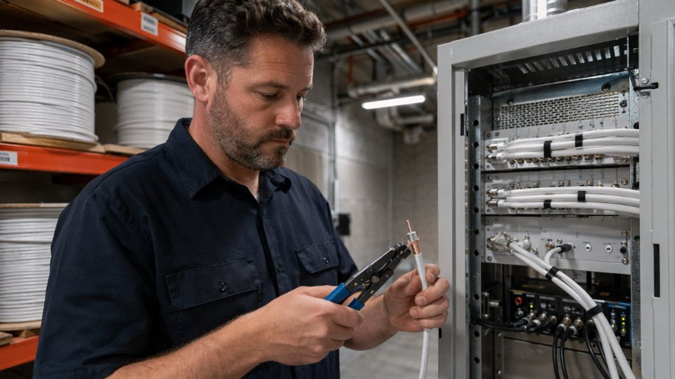 Installer cutting coaxial cable end to reveal copper center conductor during a commercial TV distribution installation