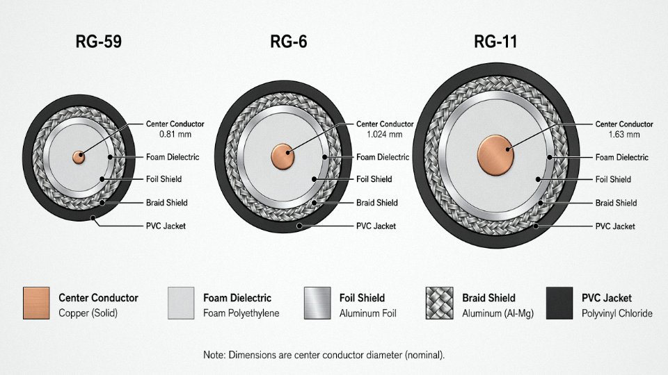 Engineering cross-section diagram comparing RG-59, RG-6, and RG-11 coaxial cable construction with labeled conductor dimensions