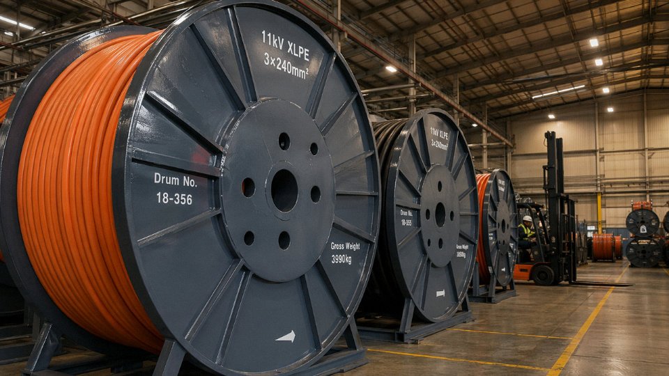 Copper XLPE-insulated power cables on industrial reels in a warehouse