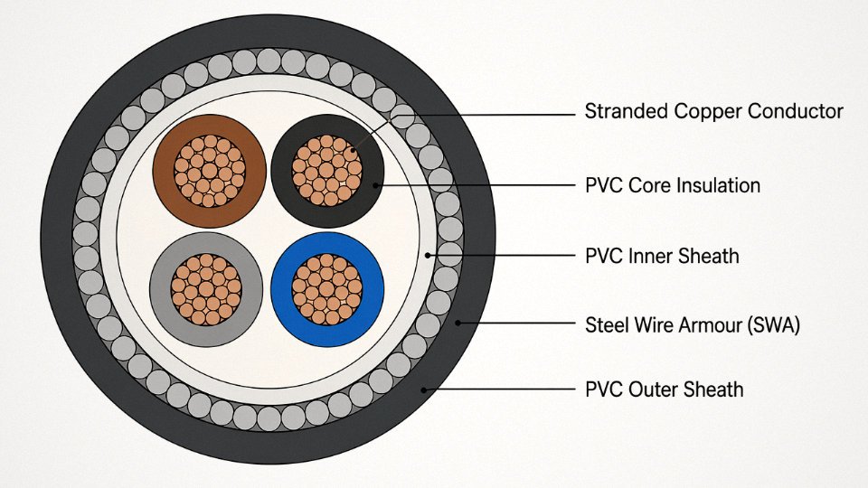 Cross-section diagram of a four-core PVC-insulated steel wire armoured low-voltage power cable with all layers labelled