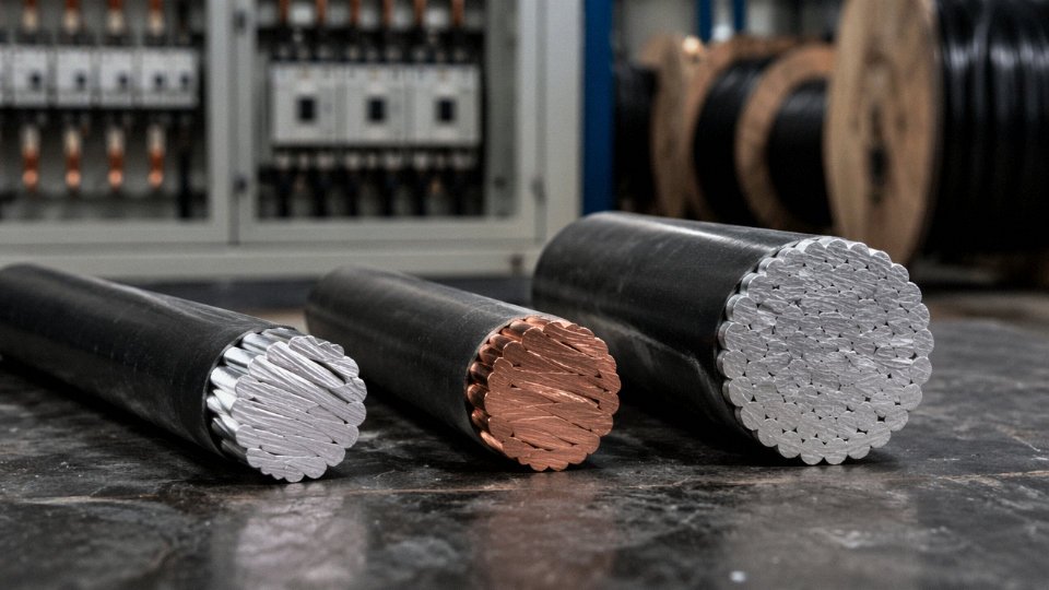 Cross-section comparison of silver, copper, and aluminum electrical conductors side by side in an industrial setting