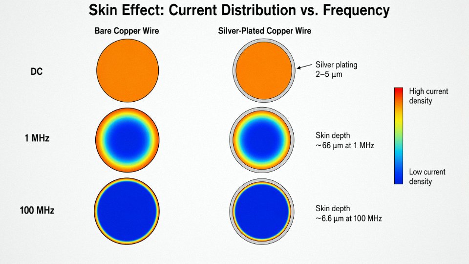 Engineering diagram showing skin effect current distribution in bare copper versus silver-plated copper wire at increasing frequencies