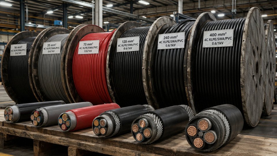 Assorted industrial power cables of various sizes and insulation types arranged on a cable drum rack in a warehouse