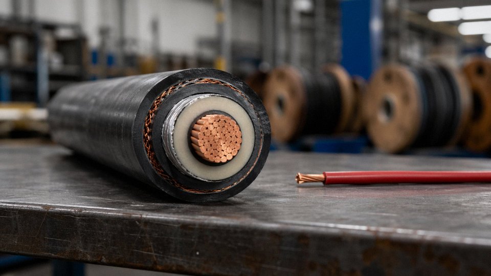 Side-by-side comparison of a power cable and electrical wire on an industrial workbench
